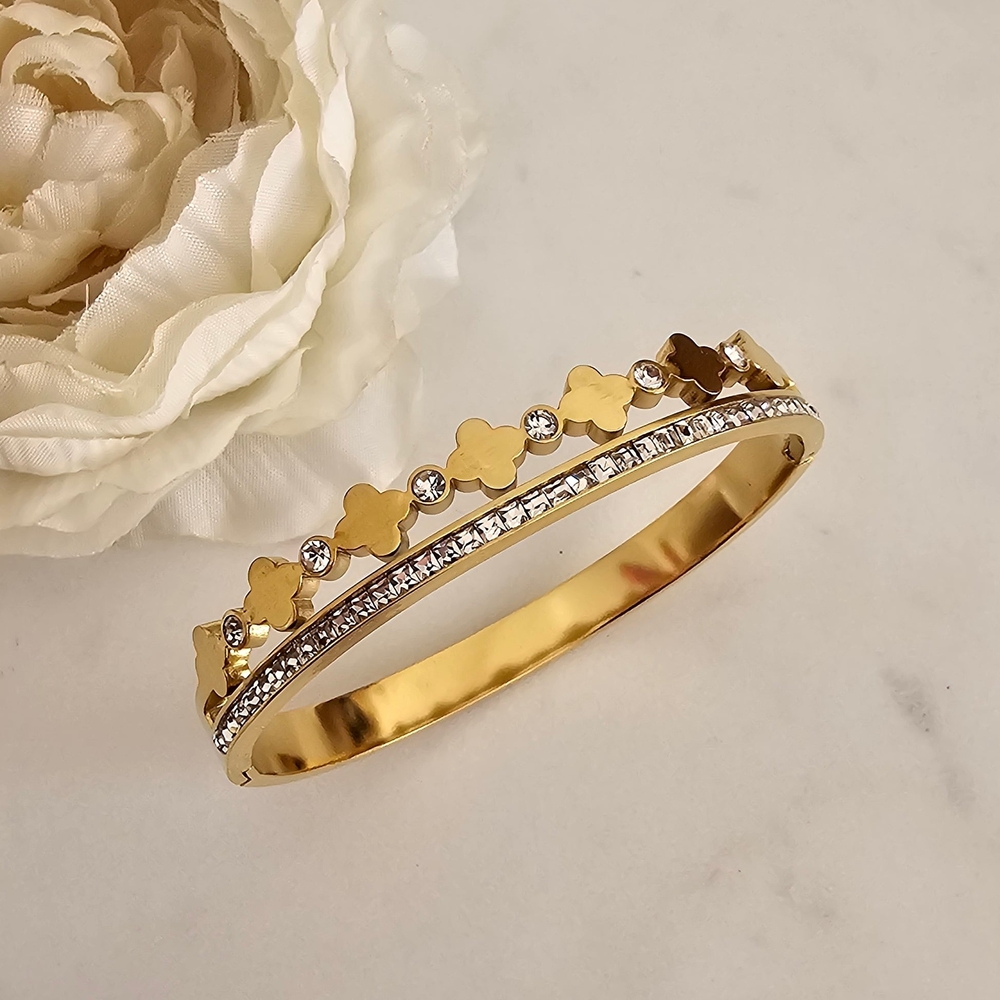 Gold Plated Floral Bangle for Women Elegant Zircon Bracelet with Clover Design